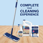 Product grouping on wood floor showing Bona mop, spray bottle, gallon refill and microfiber cleaning pad pack