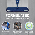Overhead view of a Bona mop head on a tiled floor with text "FORMULATED FOR HARD-SURFACE FLOORS" and three circular feature icons