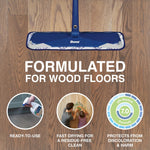 Blue Bona mop head on a wood floor over text 'FORMULATED FOR WOOD FLOORS' with three circular icons and pH-neutral graphic