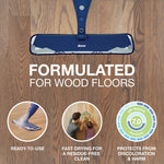 Blue Bona mop head on a wood floor with large text saying formulated for wood floors and three circular feature icons below.