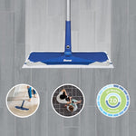 Bona mop head fitted with a disposable pad over grey tile, with three circular icons illustrating product uses and pH badge