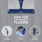 Overhead view of Bona mop head on gray hard-surface floor with icons highlighting easy storage, ready-to-use spray and compact storage