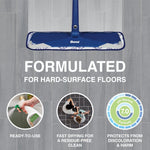 Blue Bona flat mop head on gray tile floor with text and circular icons promoting ready-to-use and fast-drying benefits.