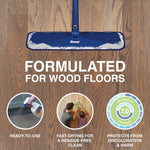 Bona mop head on a wood floor with icons and text stating product is formulated for wood floors