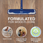 Bona branded flat mop head on wood floor with text and icons promoting formulation for wood floors