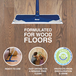 Top view of a Bona mop head on a hardwood floor with icons and text promoting formulation for wood floors