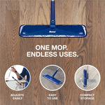 Top view of Bona blue mop head on wood floor with text promoting versatile uses and three circular usage icons