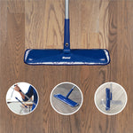Overhead view of Bona mop head on wood flooring with three circular icons illustrating adjustability and storage