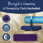 Top-view product graphic showing Bona mop head with blue and purple microfiber cleaning and sweeping pads