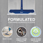 Top-down view of a Bona blue mop head with a disposable cleaning pad on a grey tile floor and product feature icons
