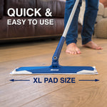 Bona mop in use on hardwood floor with bare feet visible and text indicating XL pad size and ease of use
