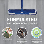 Top-down view of a Bona mop head on tile with infographic text reading formulated for hard-surface floors