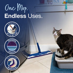 Lifestyle image of Bona mop near a litter box with a cat and icons highlighting adjustability and sweeping/cleaning uses