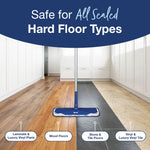 Bona flat mop shown on different floor types with header text declaring safe for all sealed hard floor types