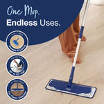 Lifestyle-style image of a Bona mop on a light wood floor with text callouts about its adjustable height and XL mop head