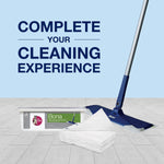 Bona mop and package displayed on tile floor with a stack of disposable pads and headline inviting cleaning experience
