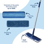 Illustrated callouts showing Bona adjustable pole, cleaning pad and sweeping pad on a light blue background