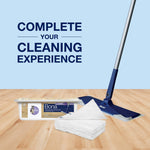 Bona mop, stack of disposable pads and packaged tray on a wood floor with text 'Complete Your Cleaning Experience'.