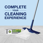 Scene with Bona mop, stack of disposable pads and product tub beside slogan 'Complete Your Cleaning Experience'