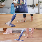 Three stacked lifestyle panels showing refill bottle being poured, spray mop in use, and mop cleaning a hardwood floor