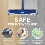 Top-down view of a Bona mop head on mixed wood and tile flooring with large text reading “SAFE FOR EVERYDAY USE.”