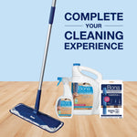 Cleaning kit arrangement with a Bona mop, spray bottle, refill jug and microfiber pad pack against a blue background