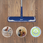 Top-down view of a Bona mop head on a hardwood floor with three circular icons highlighting product benefits
