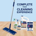 Bona mop standing beside range of Bona cleaning products including bottles and refill jug on a wood floor