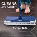 Bona mop shown in use on dark hex tile with XL-size disposable pad and text noting faster cleaning performance