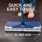 Bona mop in use on hex tile floor showing an attached Bona-branded pad and text calling out XL pad size