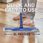 Person's bare feet using a blue Bona mop on a hardwood floor with overlay text 'QUICK AND EASY TO USE' and 'XL PAD SIZE' arrows
