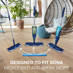 Lifestyle image showing three Bona mops and a blue microfiber pad on a hardwood floor