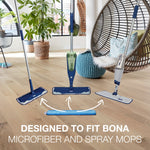 Lifestyle image of three Bona mops displayed on a wood floor with a blue microfiber pad and text about fitting Bona mops