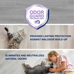 Promotional panel with an Odor Guard technology shield and photos of a cat and a person with a dog on light wood floors.
