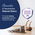 Graphic panel showing Odor Guard technology with a cat and child lying on a wooden floor and text about neutralizing natural odors