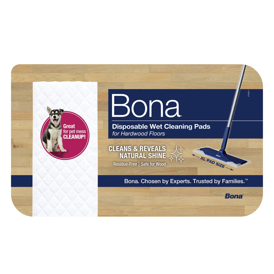 Bona branded package artwork showing mop, hardwood floor background and a pad with pet-cleanup badge