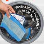 Hand holding a blue Bona microfiber pad over a washing machine with washability claim text