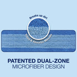Close-up illustration of a blue dual-zone Bona microfiber pad with magnified texture and explanatory text