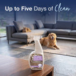Bona Pet System spray bottle in foreground of a living room scene with a dog on the floor and headline Up to Five Days of Clean