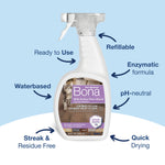 Bona Pet System spray bottle on blue background with callouts like refillable, waterbased, pH-neutral and quick drying