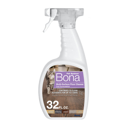White spray bottle of Bona Pet System multi-surface floor cleaner with cat image and 32 fl. oz. label