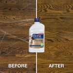 Bona polish bottle centered between split before and after hardwood floor panels showing improved shine and reduced scratches