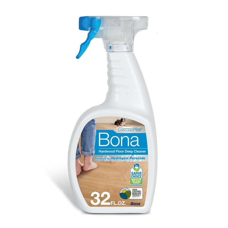 White spray bottle of Bona PowerPlus hardwood floor cleaner with blue label and 32 fl. oz. marking on a white background