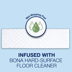 Close-up of a quilted Bona wet mopping pad on a blue background with a droplet icon and text about infused cleaner