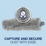 Close-up of a gray Bona microfiber duster with a circular badge reading 'Made from Real Microfiber' over a blue background.