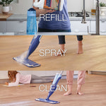 Three stacked lifestyle scenes: pouring a Bona refill into a blue spray bottle, a Bona spray mop misting on a wood floor, and the mop cleaning while feet and a child are in the background.
