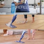 Three-panel image showing refilling a Bona bottle, spraying a Bona mop on wood floor, and cleaning with the Bona spray mop, labeled REFILL SPRAY CLEAN.