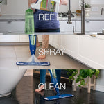 Three-panel image showing refill pour, spray mop action, and cleaning on tile with text ‘Refill, Spray, Clean’