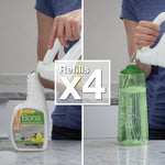 Split image showing pouring Bona refill into bottles with overlaid text “Refills x4” highlighting refill concept