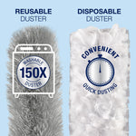 Split graphic comparing Bona reusable gray duster (washable) and white disposable duster with icons for washable 150x and quick dusting.